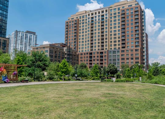 a park in front of some tall buildings at The Acadia at Metropolitan Park, Arlington, Virginia